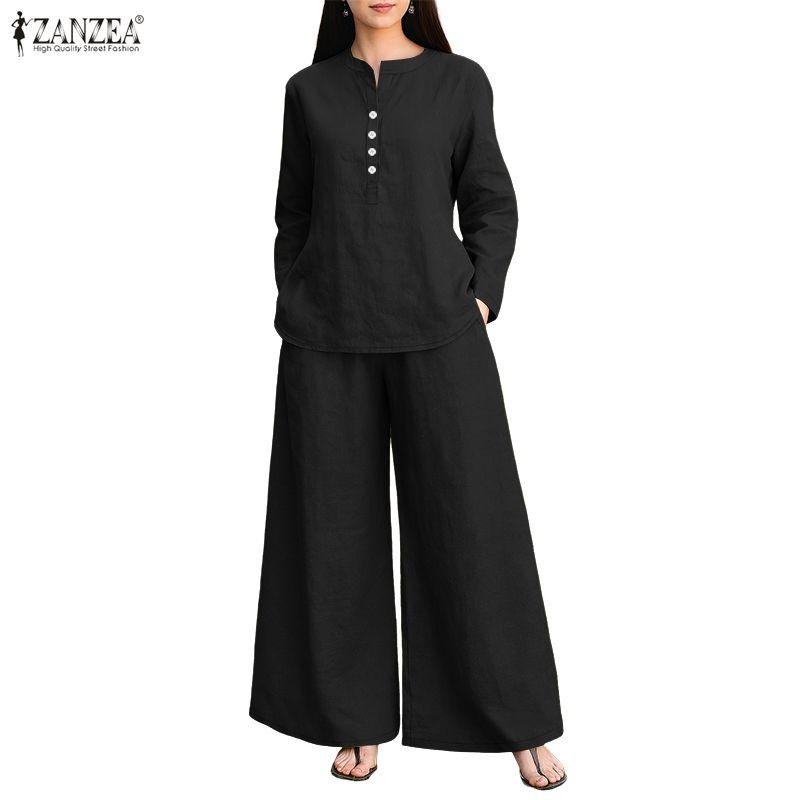 ZANZEA Women Long Sleeve Blouse and Pants Casual Two Piece Suit Sets
