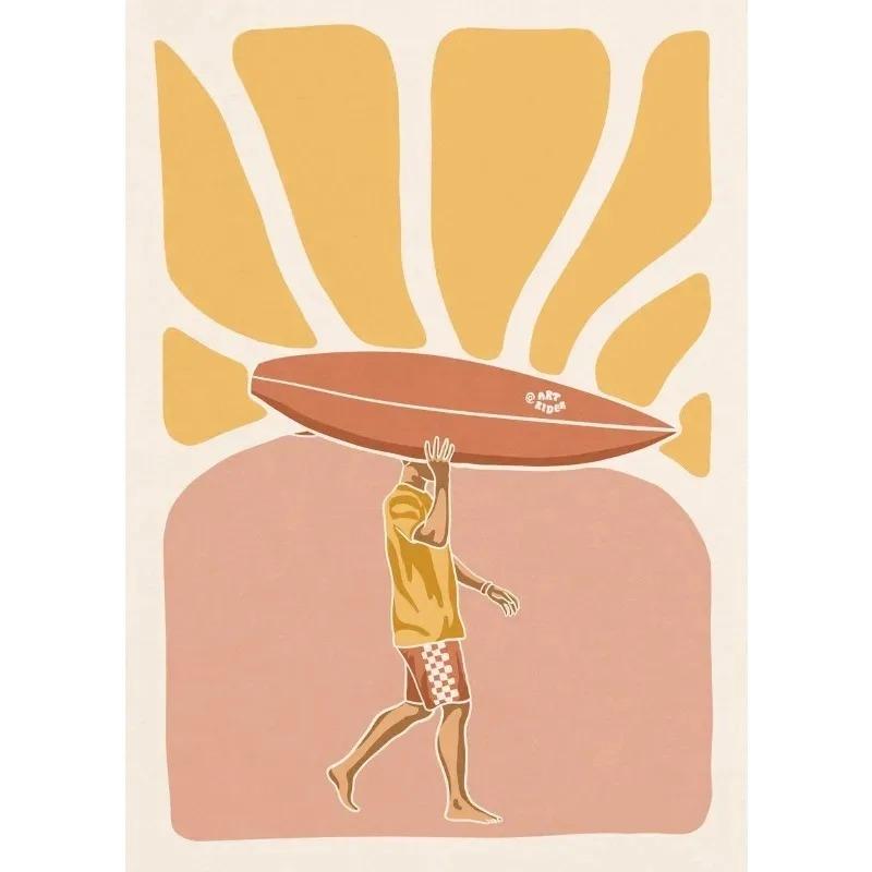 Abstrakte Meereslandschaft Strand Mann Mädchen Surfen Welle Surfbretter Auto Wandkunst Poster und Druck Leinwandmalerei Bilder Heimdekor