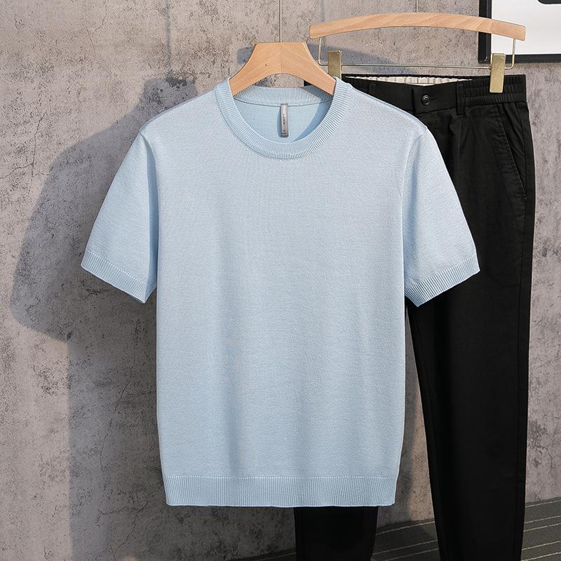 Spring and Summer Knitted Men's Short-sleeved T-shirt Round Neck Solid Color Base Simple