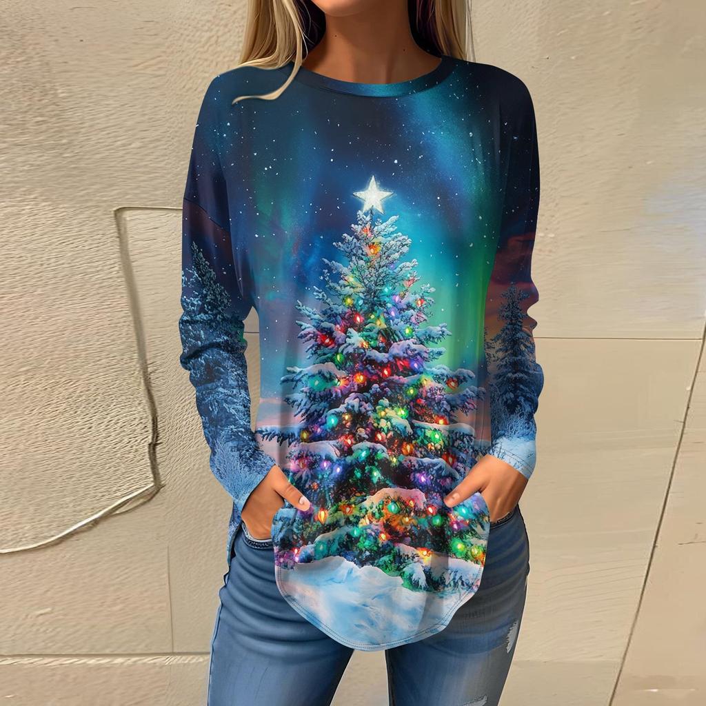 Tee Shirts For Women Fall Casual Long Sleeve Shirts Sweatshirt Vintage Graphic Christmas Printing Top Pullover