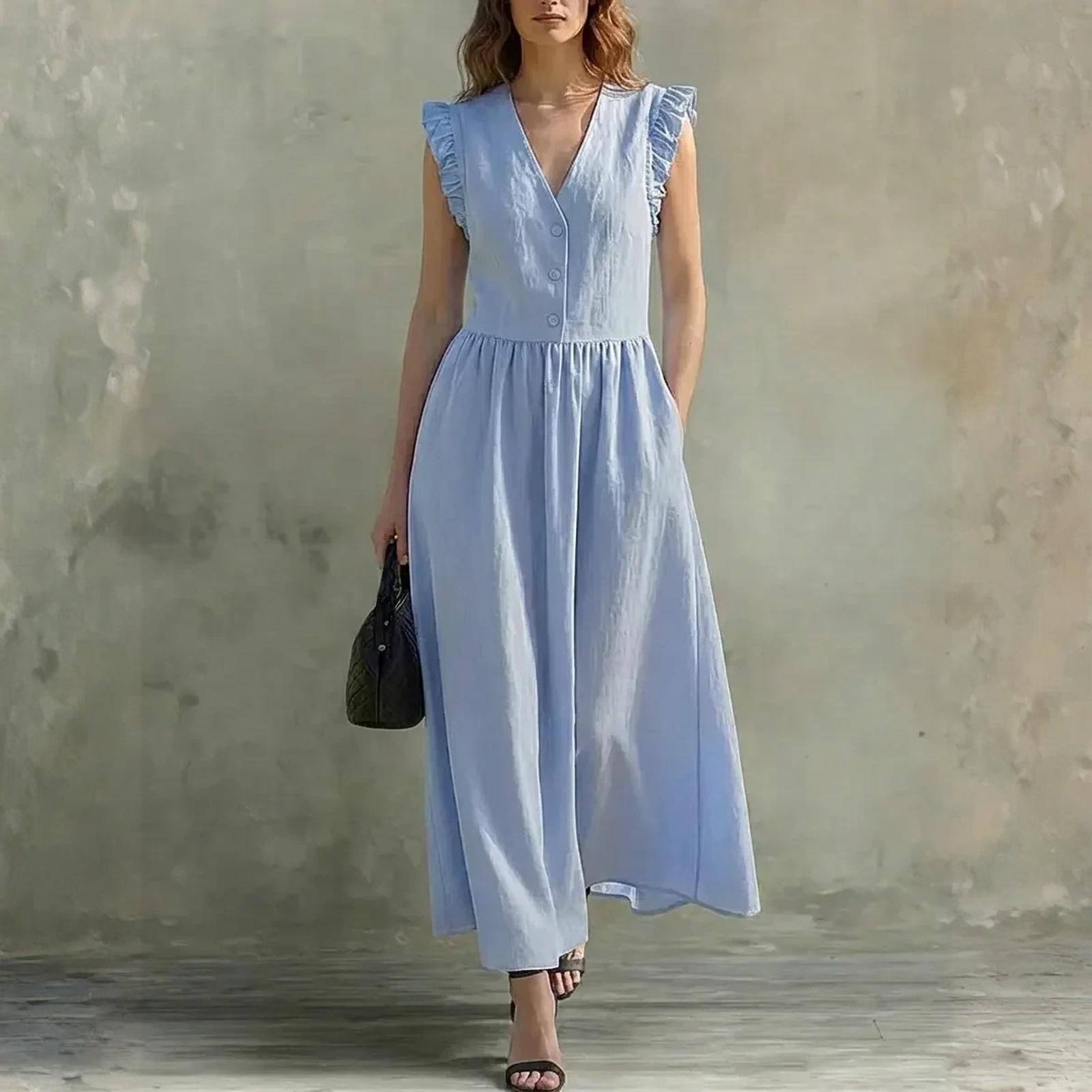 

Ladies Casual, Fashionable, Elegant V-neck Dress With Three Buttons And Pockets L