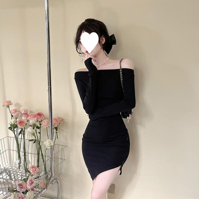

One-word shoulder dress women s long-sleeved cold department high-end hot girl sexy off-the-shoulder waist tight bottom hip skirt S