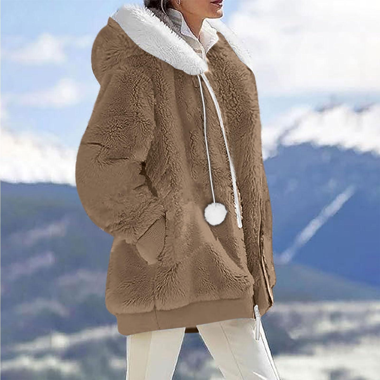 

Женская повседневная однотонная свободная плюшевая куртка на молнии с капюшоном и карманами L коричневый