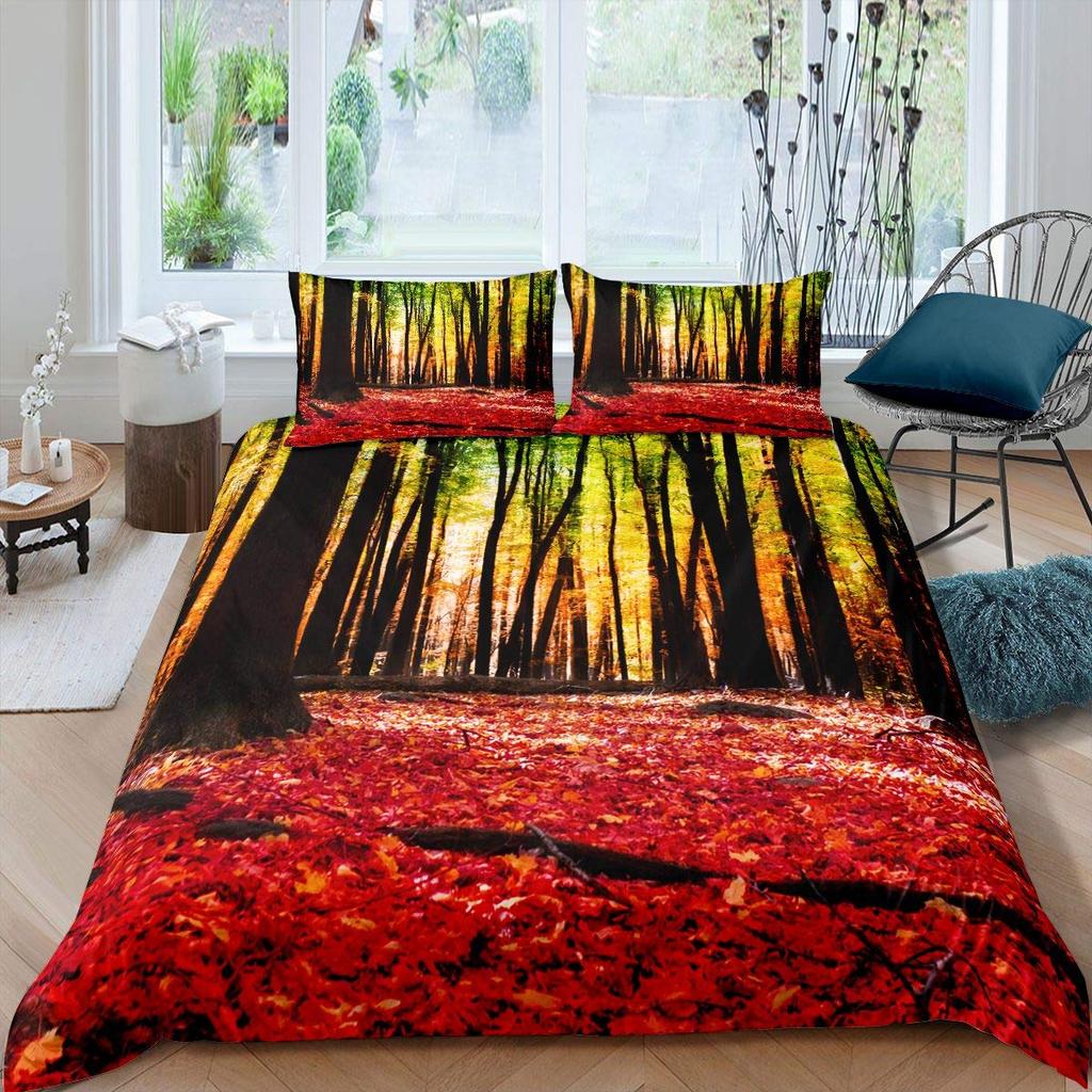 Comforter Autumn Fallen Leaves Red Maple Leaf Nature Bedding Set Sunshine Tree Woods Natural King