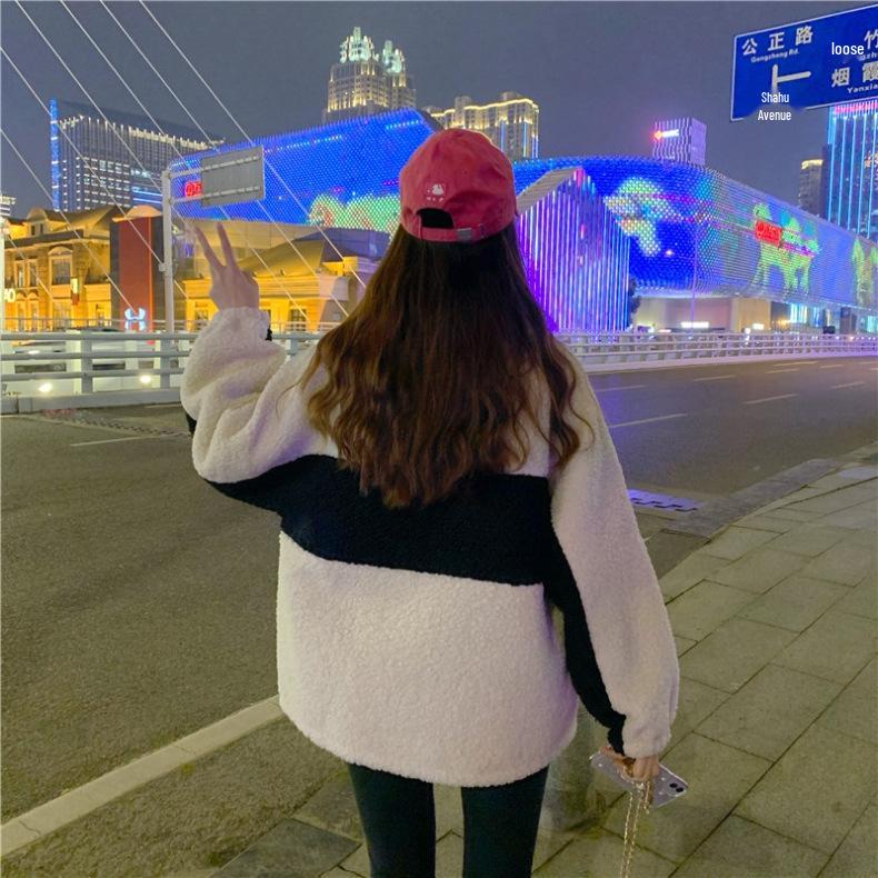 Women's Trendy Korean-Style Color Block Fleece-Lined Lambswool Long Sleeve (Autumn/Winter)