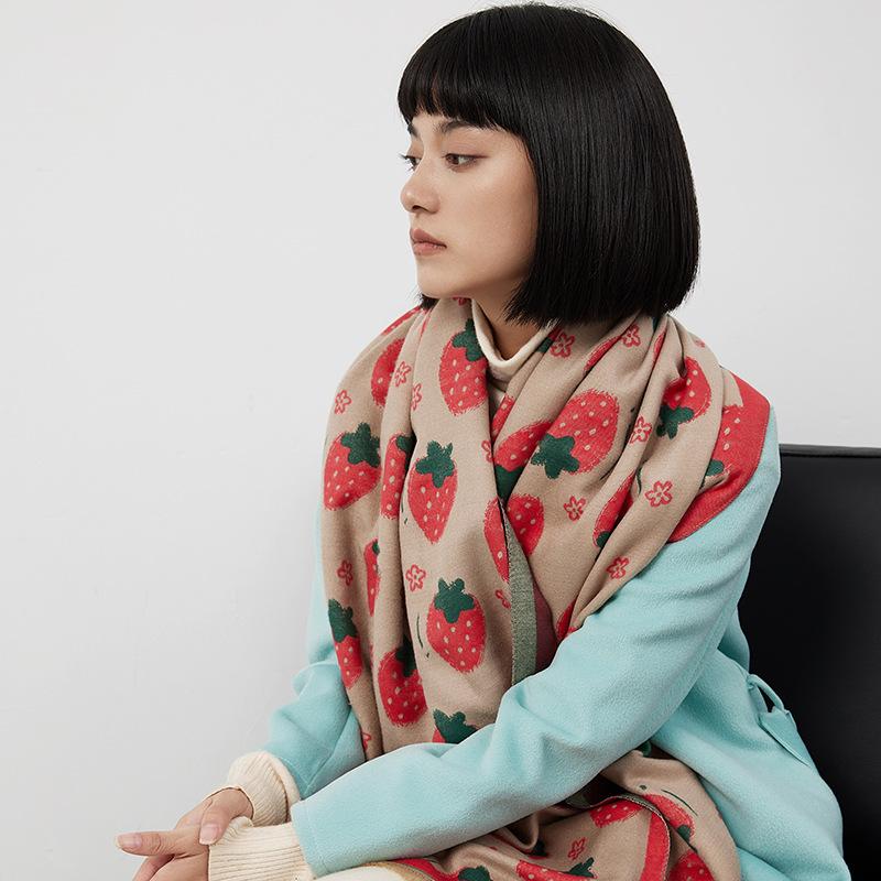 Korean Version Cute Strawberry Imitation Cashmere Scarf Women'S Long Travel Sunscreen Printed Fringed Medium Long Shawl