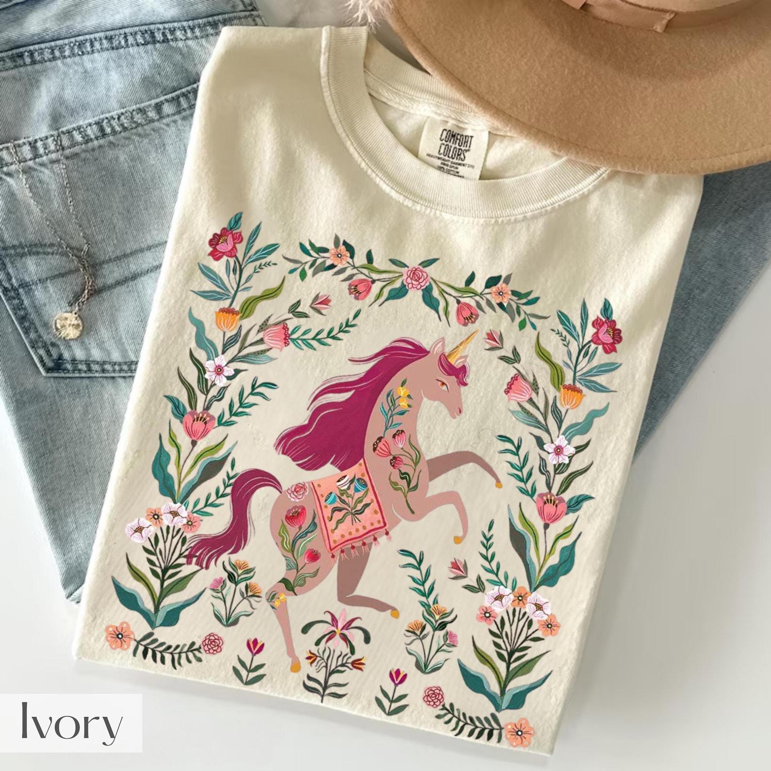 Magical Unicorn Shirt, Folk Art Unicorn Flower Tee, Aesthetic Botanical Unicorn T-Shirt, Comfort Colors Whimsical Shirt, Dreamy Unicorn Gift S