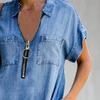 Women Dress Turn Down Collar Short Sleeves Pockets Zipper Loose Knee-length Dress