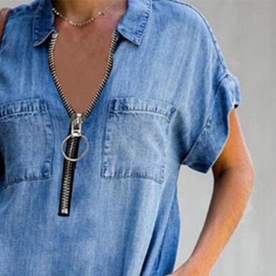 Women Dress Turn Down Collar Short Sleeves Pockets Zipper Loose Knee-length Dress
