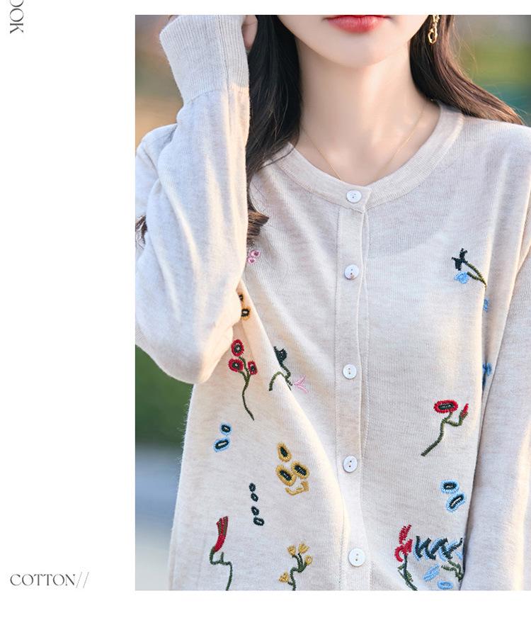 Autumn 2025 Fine Knit Round Neck Embroidered Loose Cardigan Wool Outerwear