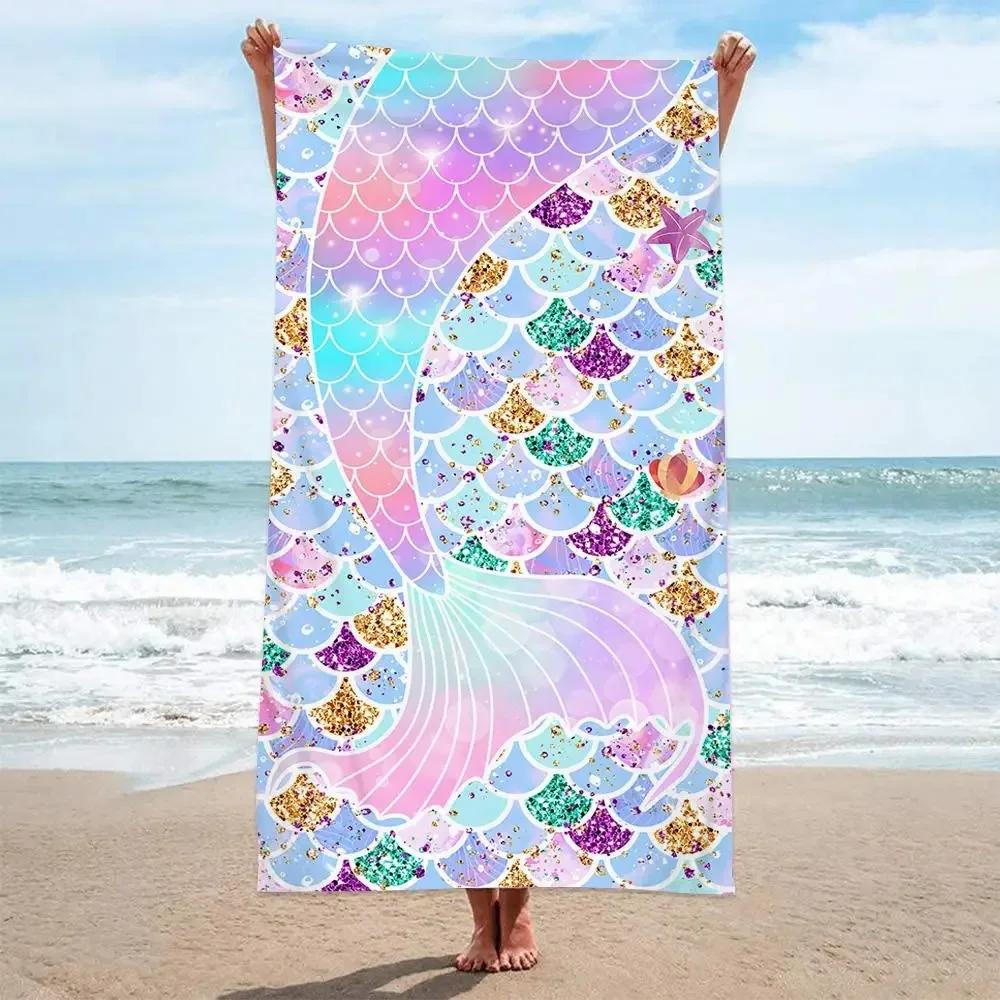 Summer No Sand Free Mermaid Beach Towel Microfiber Surf Poncho Bath Summer Swimming Fitness Yoga Swimming Sunscreen Bath Towels
