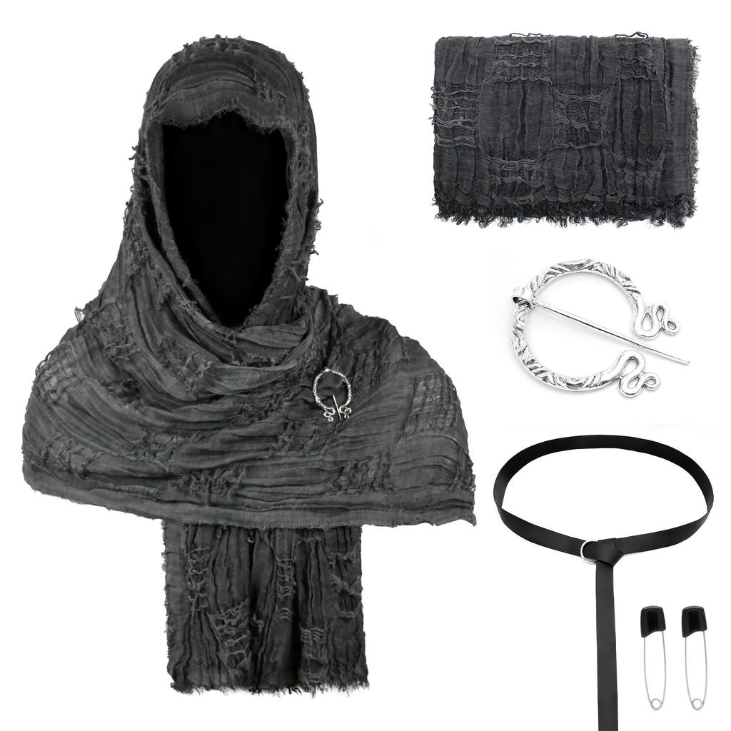 Medieval Hooded Cloak Scarf Set with Brooch and Belt for Cosplay Renaissance Festival Costume Accessories