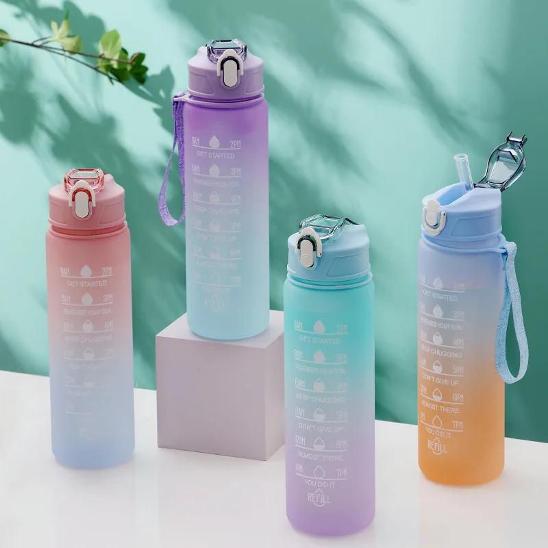 Student Graduated Straw Cup Gradient Color Portable Sports Water Bottle with Simple Rope for Home Office High Aesthetic