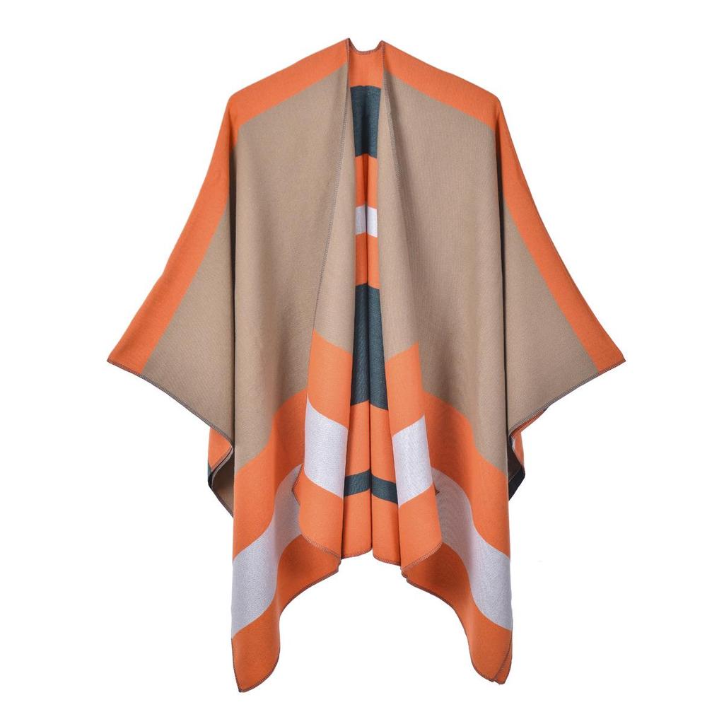 Stylish Striped Double-Sided Scarf Shawl: European & American Fashion Cape Women's Warm Outerwear Cardigan