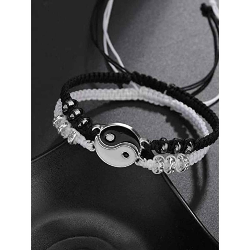 2pcs Jewelry Set Couple Black White Tai Chi Bracelet Rope Adjustable Chain Set Simple Style Daily Wear Jewelry