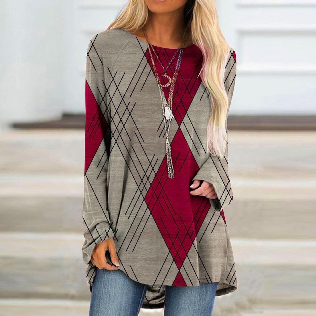 Women's Fashion Casual Irregular Patchwork Color Print Loose Medium Long Long Sleeve Top