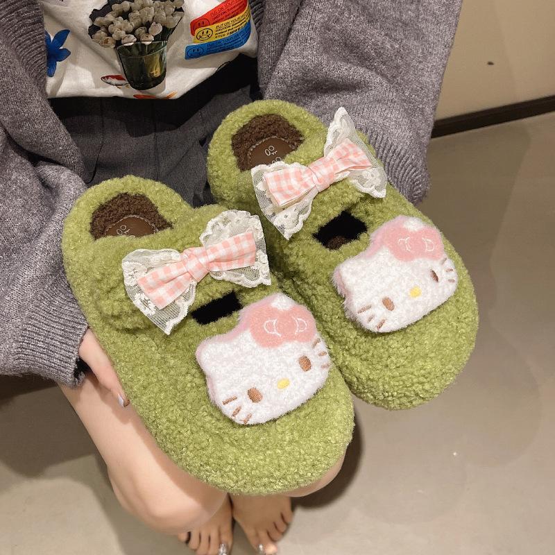 Cute cartoon KT cat fluffy slippers women's 2025 new fashionable versatile thick bottom heightening outer wear cotton slippers tide