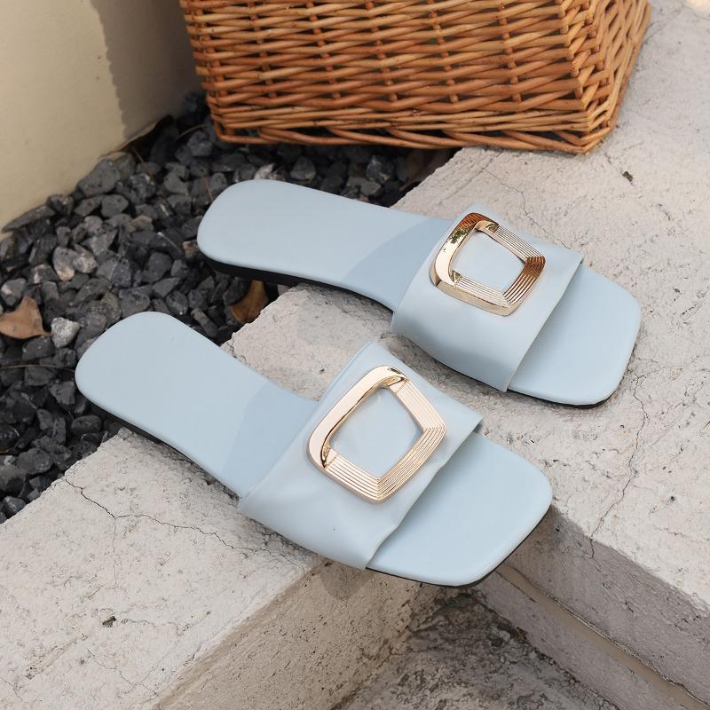 Fashion 2025 New Ladies Shoes Open Toe Women's Slippers Fashion Metal Decoration Daily Square Toe Summer Plus Size Concise Flat Slippers