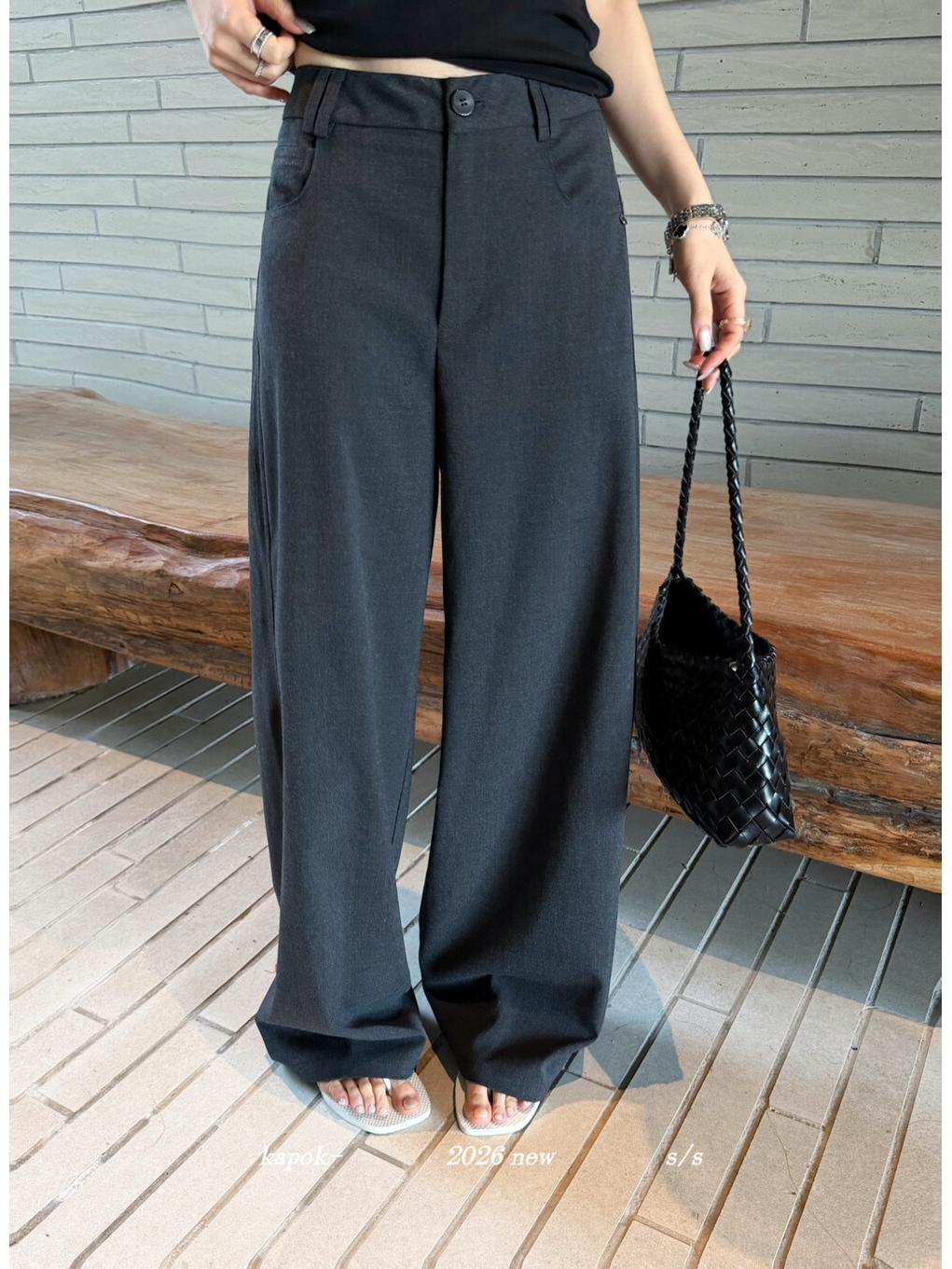 Thirteen Rows [KAPOK] Early Spring Mid-Waist Slimming Loose Straight-Leg Casual Pants Small серый