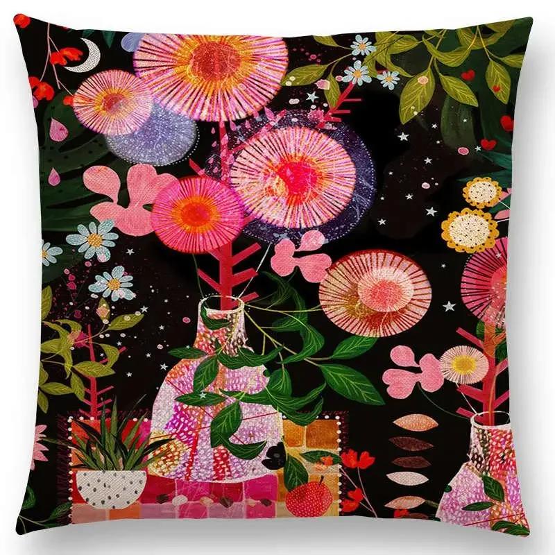 Norrsken Häst Blommor Blad Soffa Kasta Kudde Fodral Träd Blommig Trädgård Magisk Dröm Fantasi Natt Räv Rådjur Enhörning Kuddfodral