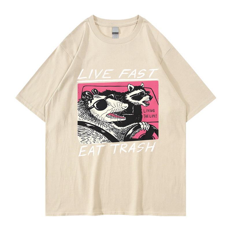 Lev fort! Spis søppel! T-skjortedesign T-skjorter Camisas Hombre For Men Mote Topper Skjorter Harajuku Personalized Rife