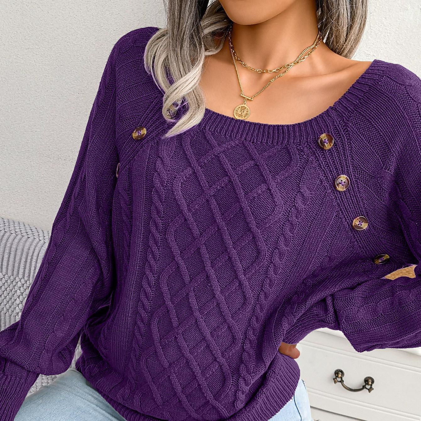 

Женский осенне-зимний повседневный вязаный пуловер с квадратным вырезом и пуговицами из жареного теста S фиолетовый