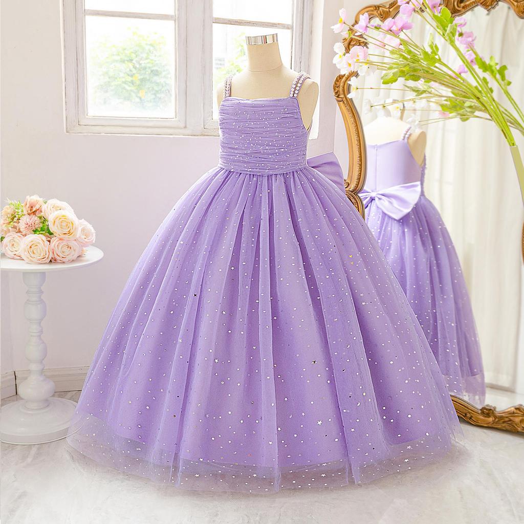 Children's Spaghetti Strap Sequin Flower Girl Dress - Puffy Tulle Skirt with Bow, Princess Gown for Weddings & Performances