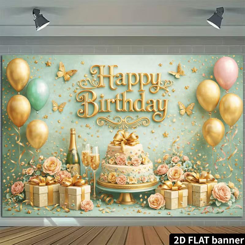 2D Gold Letter Happy Birthday Backdrop Banner Green Floral Party Background