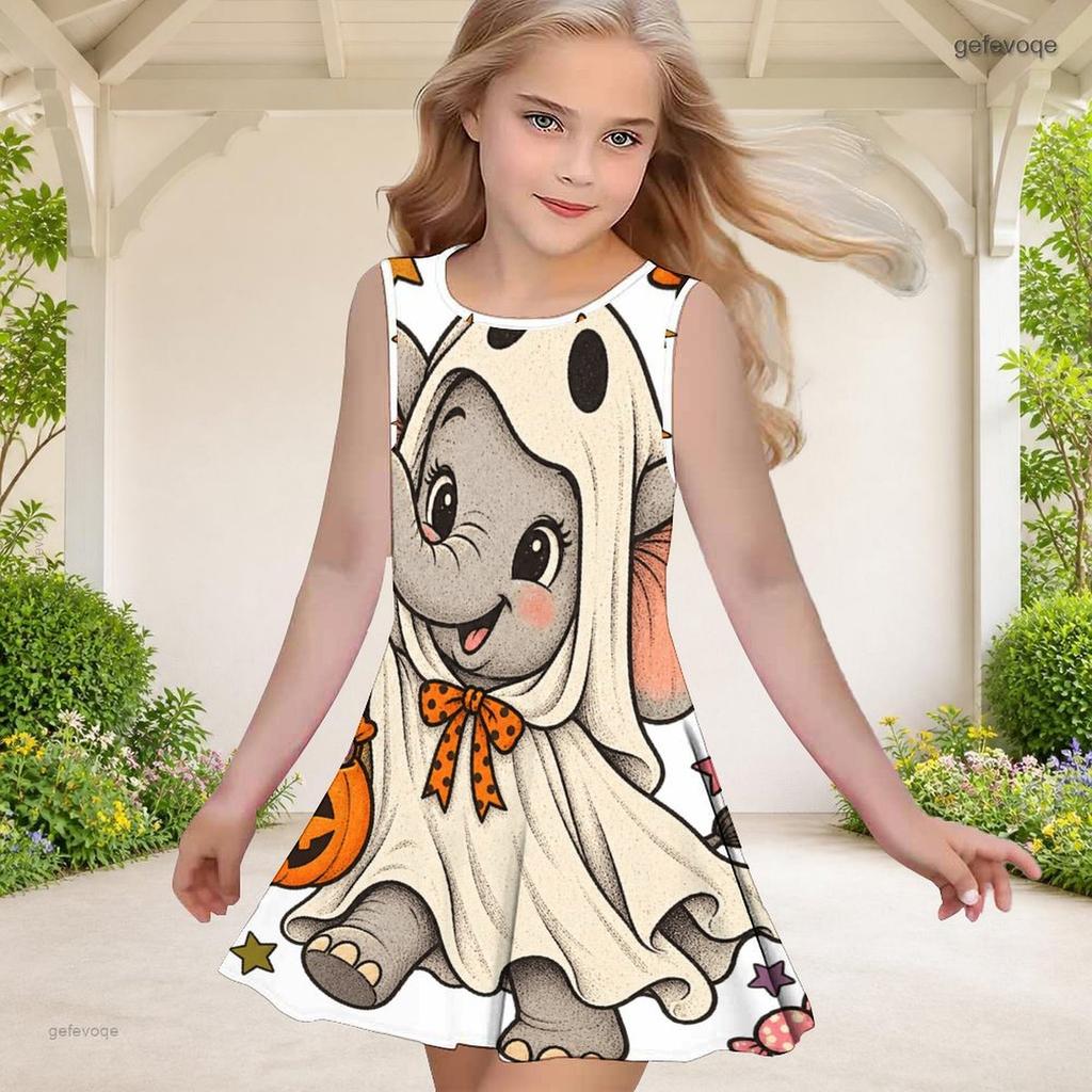 Girls Round Neck Sleeveless Cartoon Chicken Pumpkin Printed A Line Flared Dress