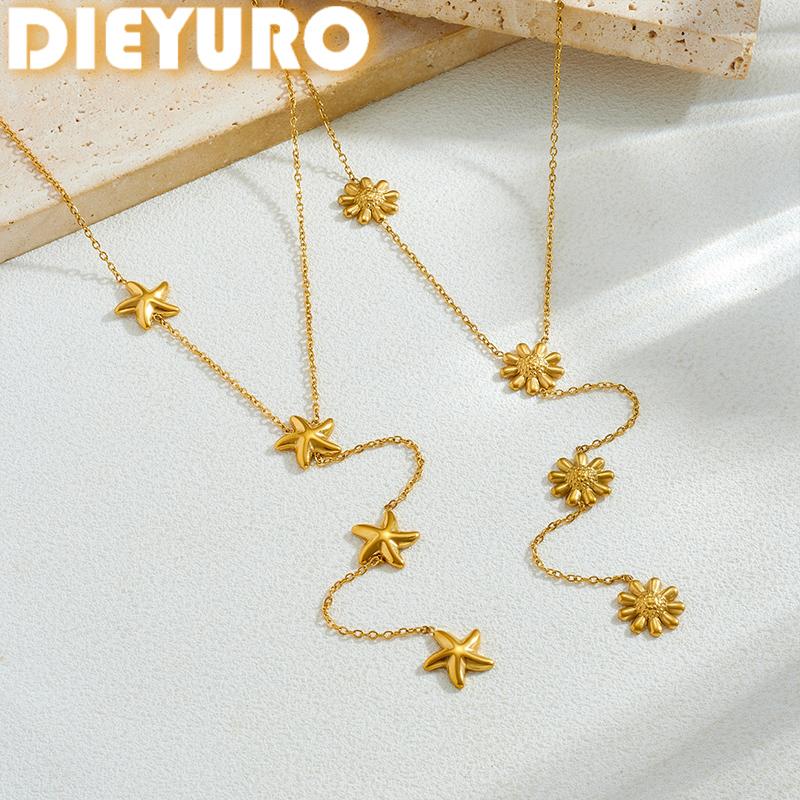 DIEYURO 316L Stainless Steel Golden Irregular Retro Personalized Flower Y-shaped Tassel Necklace Lady Fashion Neck Chain Jewelry
