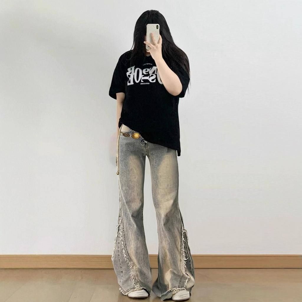 Komfortable Vintage Micro Flare Jeans Dame År Vår og Høst Designfølelse av Råkanten Slim Skinny Bukser Jeans for Dame Lange Denim Bukser