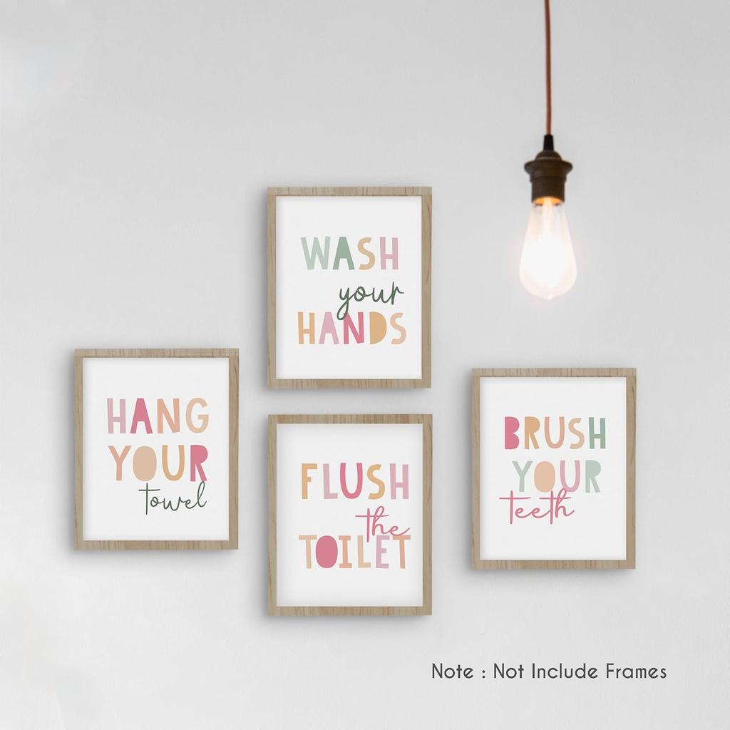 HRQKO Pink Wash Your Hands Wall Art Poster Prints Set of 4,Pink Bathroom Wall Decor, Kids Bathrooms Artwork Print Posters Wall Decor, Girls Bathroom