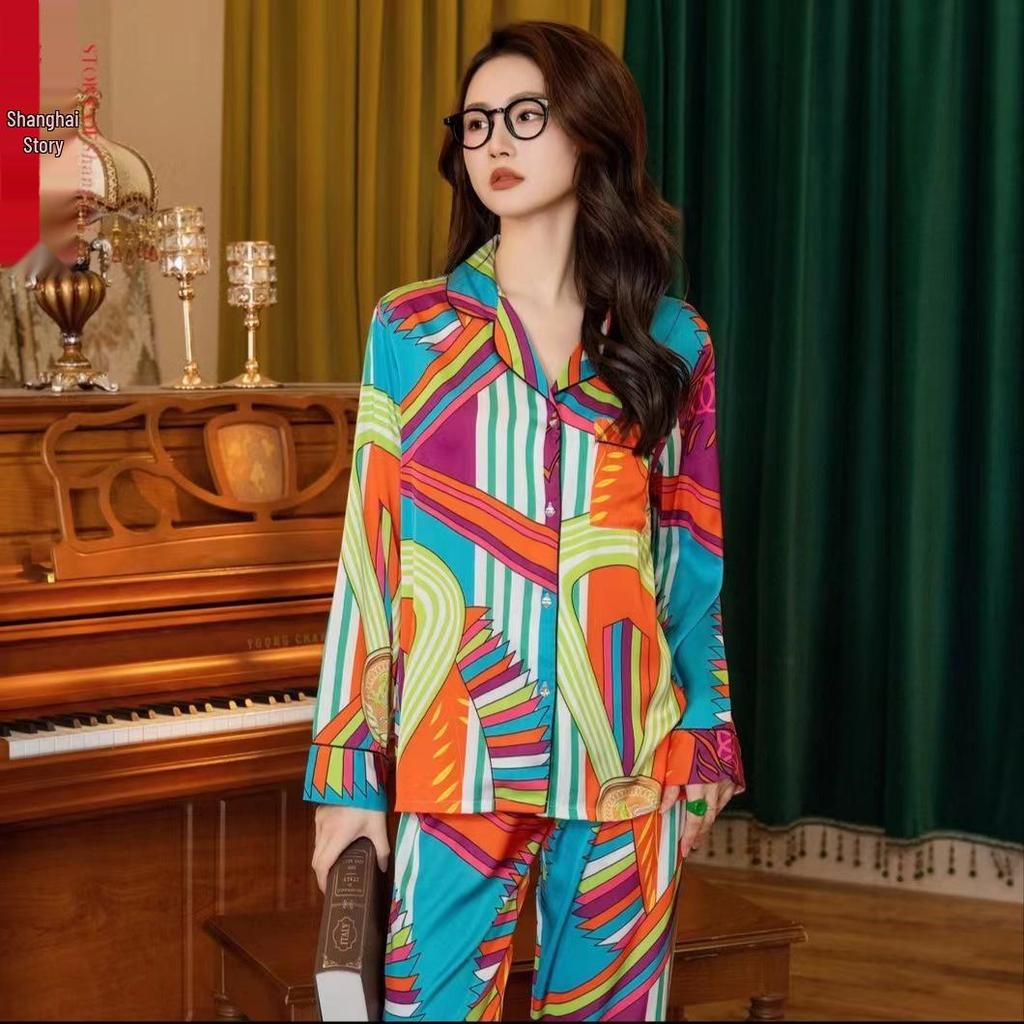 Shanghai Story Ice Silk Satin Pajama Set - Long Sleeve, Plus Size, Indoor/Outdoor Wear