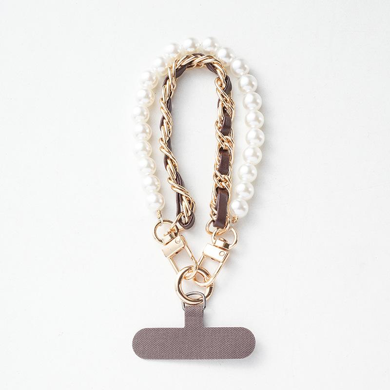 Women Short Wrist Pearl Chain Phone Lanyard Metal Buckle