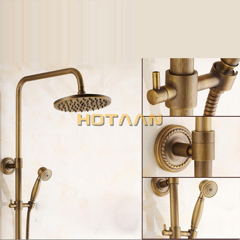 Luxury NEW Bathroom Surface Mount Brass Rainfall Shower Faucet Set Antique Brass with Handshower + Tub Spout + 8" Shower Head