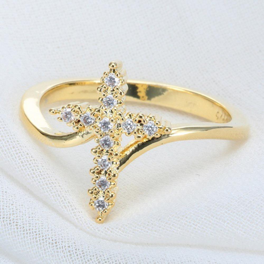 Women Silver Cross Ring with Diamonds Stylish European Fashion Jewelry Gift