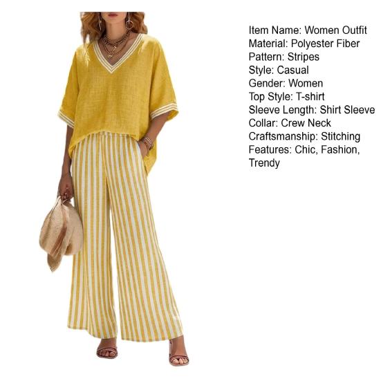 Summer Two Piece Outfit for Women Striped Short Sleeve V Neck Top And Wide Leg Pants Set with Pockets Casual Vacation Lounge Sets
