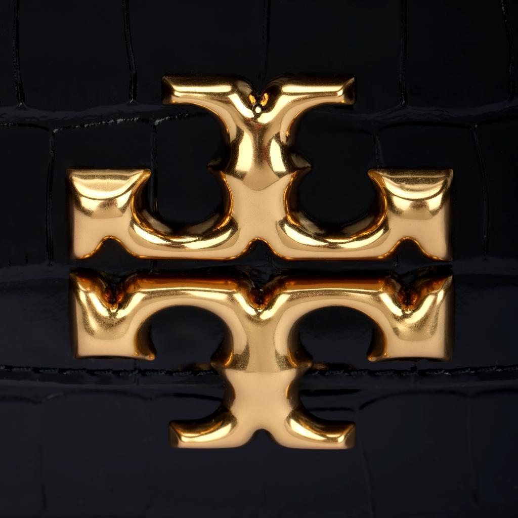Tory Burch Eleanor Solid Double T Logo Crocodile Pattern Flap Chain Leather Handbag Women Handbags Black Gold 152261-890