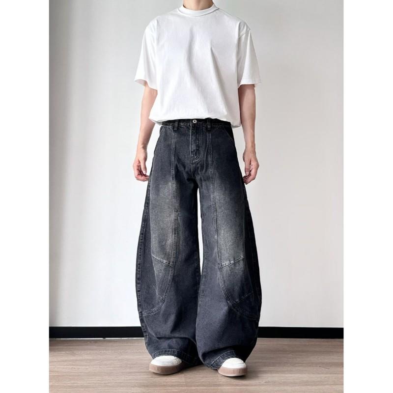 Vintage Washed Deconstructed Cropped Flared Jeans Men Women Relaxed Fit Straight Leg Wide Dragging Pants