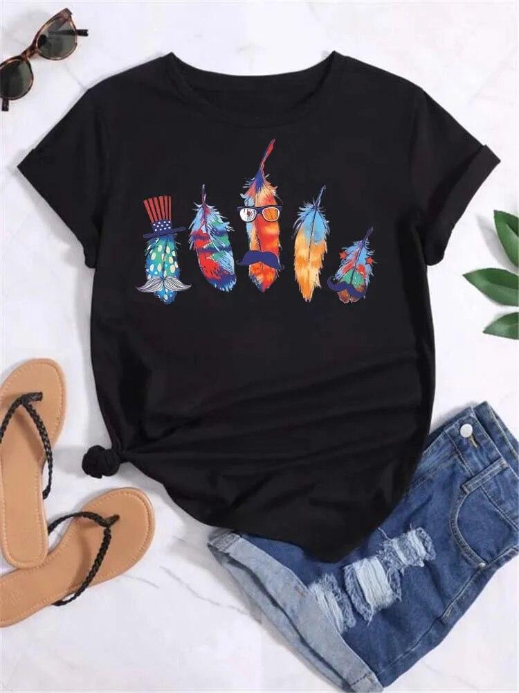 Women's Pattern Short Sleeve T-Shirt Women's Summer Clothing Feather 90S Fashion Women's University T-Shirt