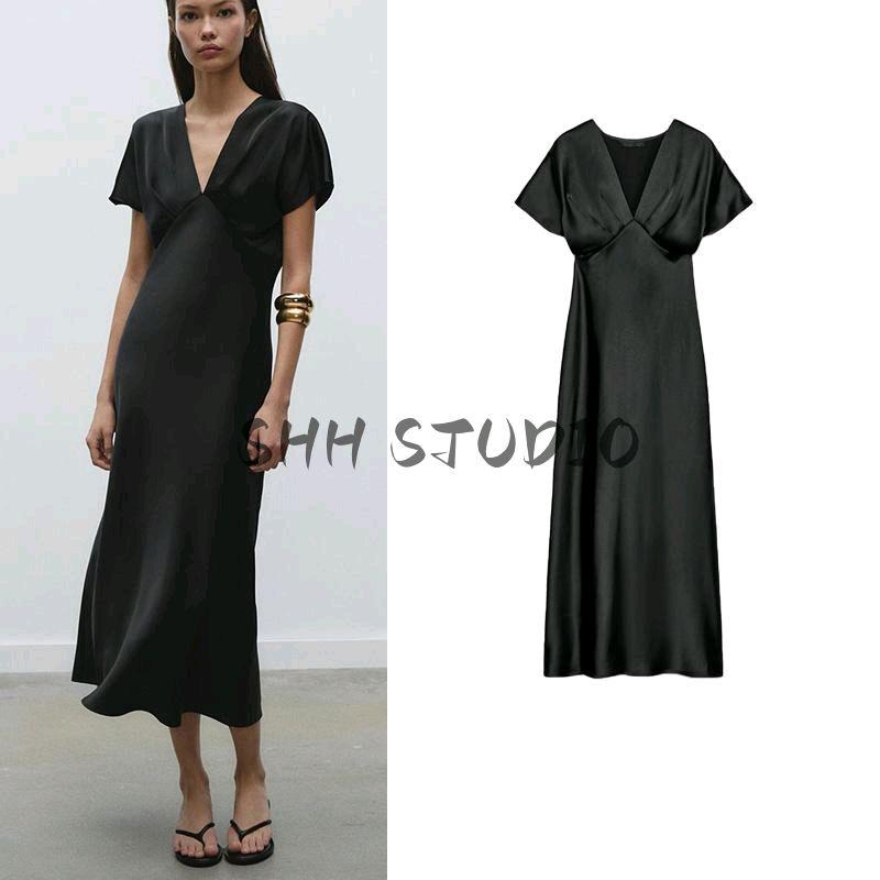 Spring New Women's Clothing French Style Elegance Silk Satin Texture Short Sleeve V-neck Midi Skirt Dress 2330399
