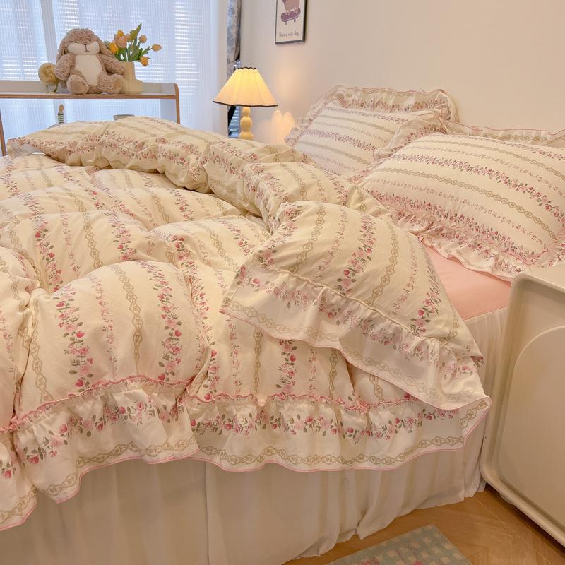Sweet Flower Printed Bed Skirt Bedding Set Skin Friendly Cotton Nude Sleeping Comforter Set Class-A Twin Single Home Textile