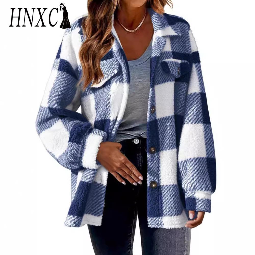 HNXC Damen Vintage Lässig Karomuster Herbst Winter Langarm POLO Kragen Jacken & Mäntel