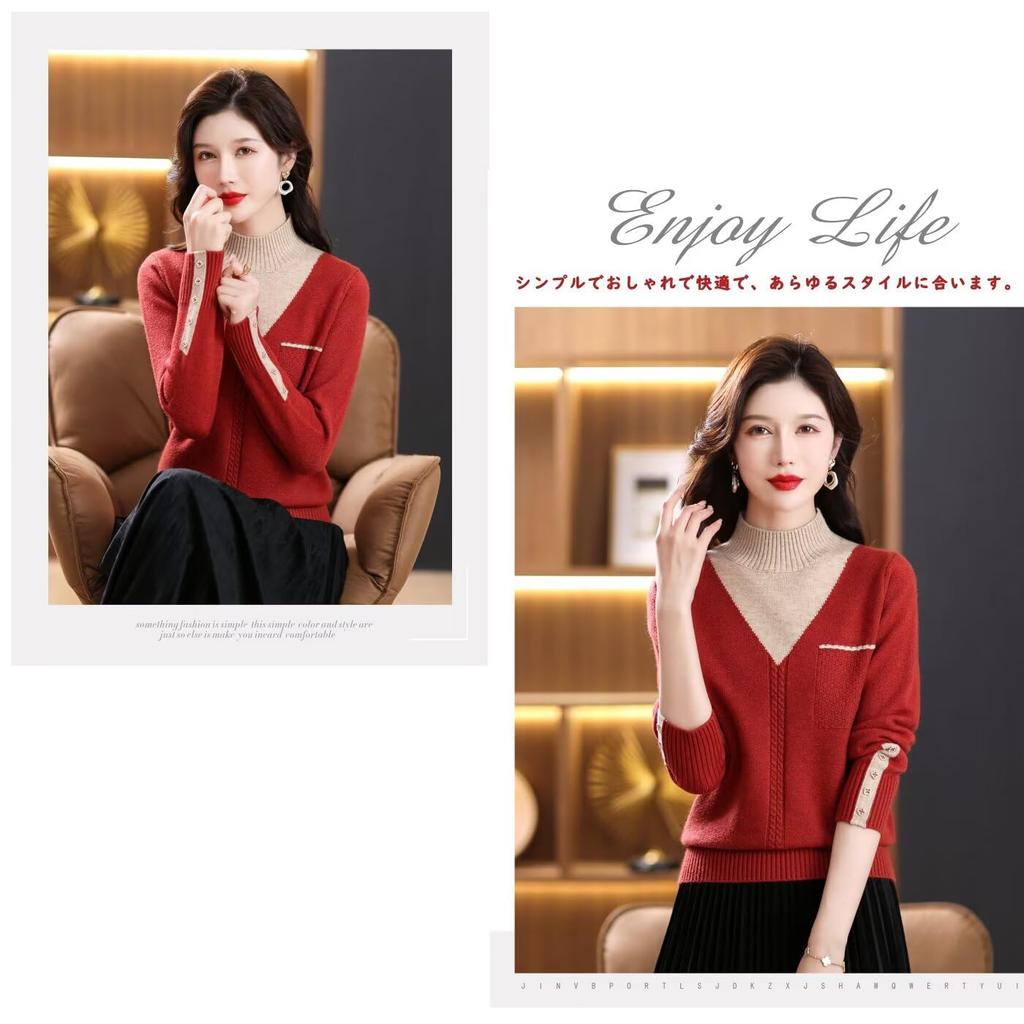 YOTORISAKI Knit Long High High Winter Size Women's Sweater, Sleeve, Neck, Stretch, Soft, Casual, Spring, Autumn, (Red, M)