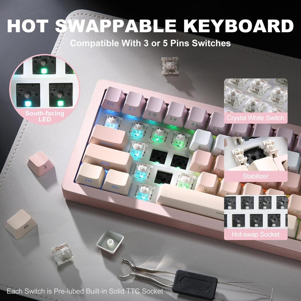 YUNZII AL71 Gaming Full Aluminum Mechanical NKRO Wireless RGB for Technical Standards Compliance Certified Mute 68% Keyboard, CNC, Hot-Swap, Wireless,