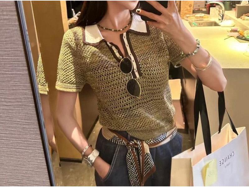 

Summer 2025 Fashionable Color Block Cutout Knit Top with Turn-Down Collar S (suitable for 80-95 jin)