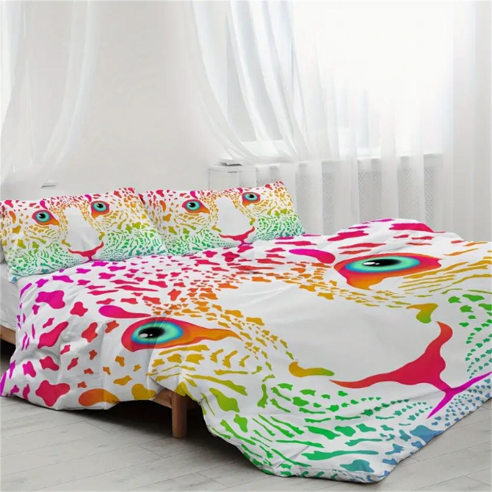 3 Pieces Colour Leopard Print Pattern Duvet Cover Polyester Twin Full King Szie Quilt Cover WIth 2 Pillowcase For Adults Home