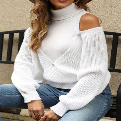 Autumn and Winter Sweater Women's Strapless Long Sleeve Solid Color Pullover High Neck Knit Sweater