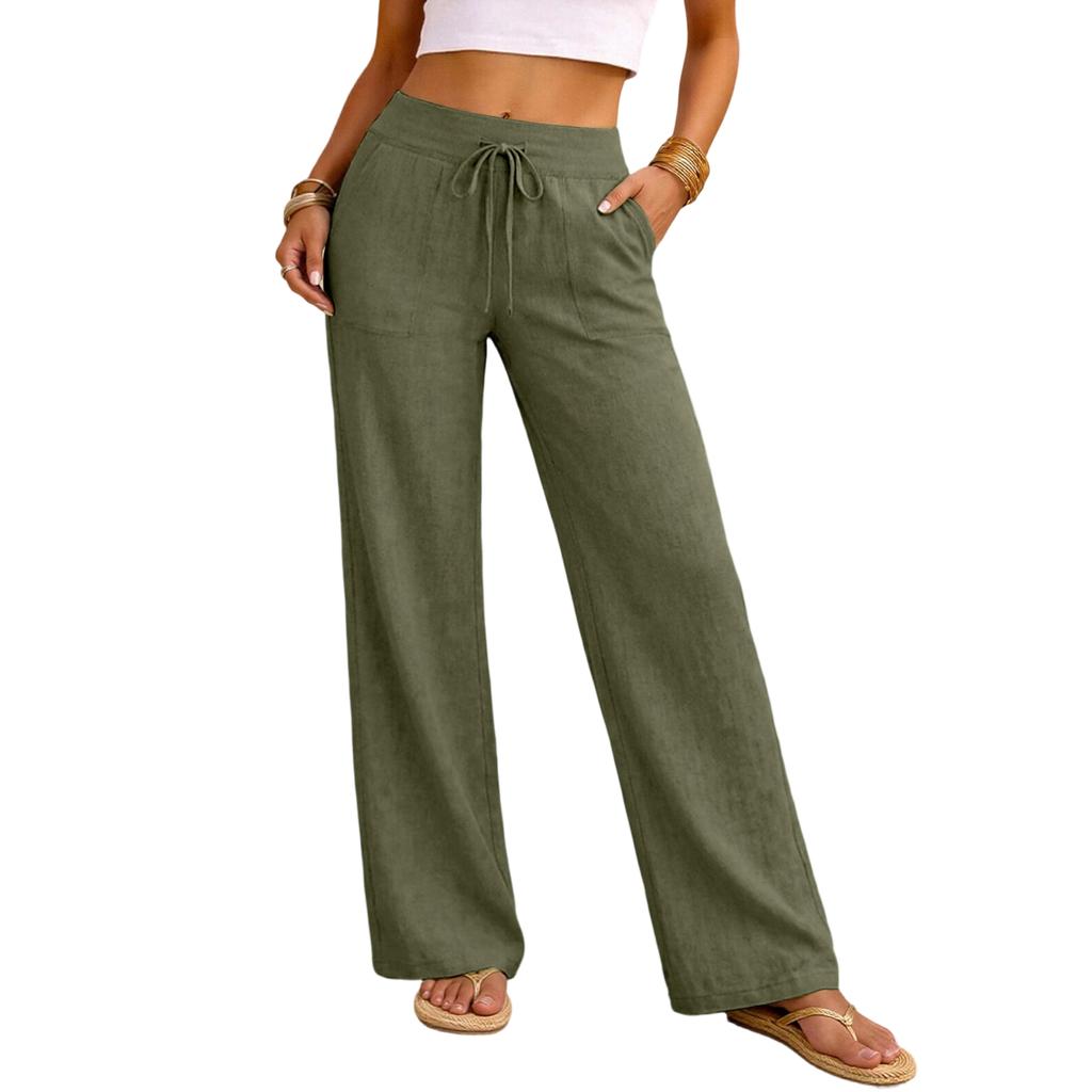 Women Casual Loose Fit High Waist Drawstring Straight Leg Wide Leg Pants Lightweight Relaxed Trousers for Daily Wear