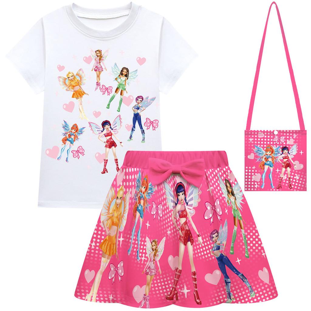 Kids Girls Cartoon Princess KATSEYE Print Short Sleeves T-Shirt Skirt Bag Set